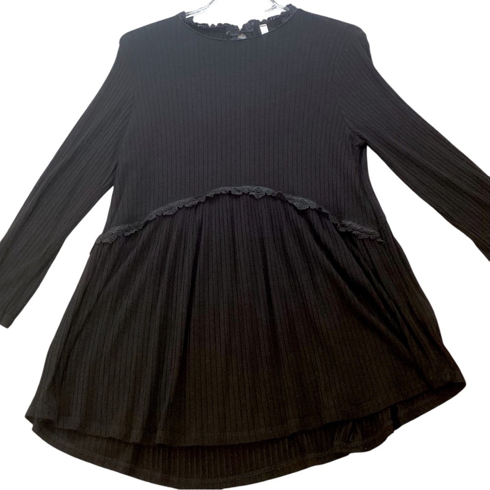 Orange Creek Black Stretchy Ribbed Knit Babydoll Tunic Top 3/4 Sleeve Large